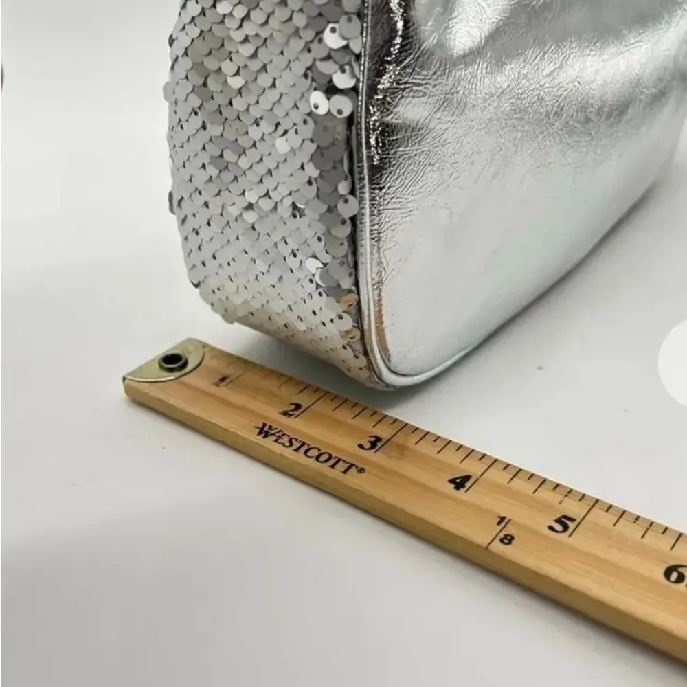 NWT Nicole Miller Silver Sequin Vegan Leather Small HOBO Shoulder Purse Handbag